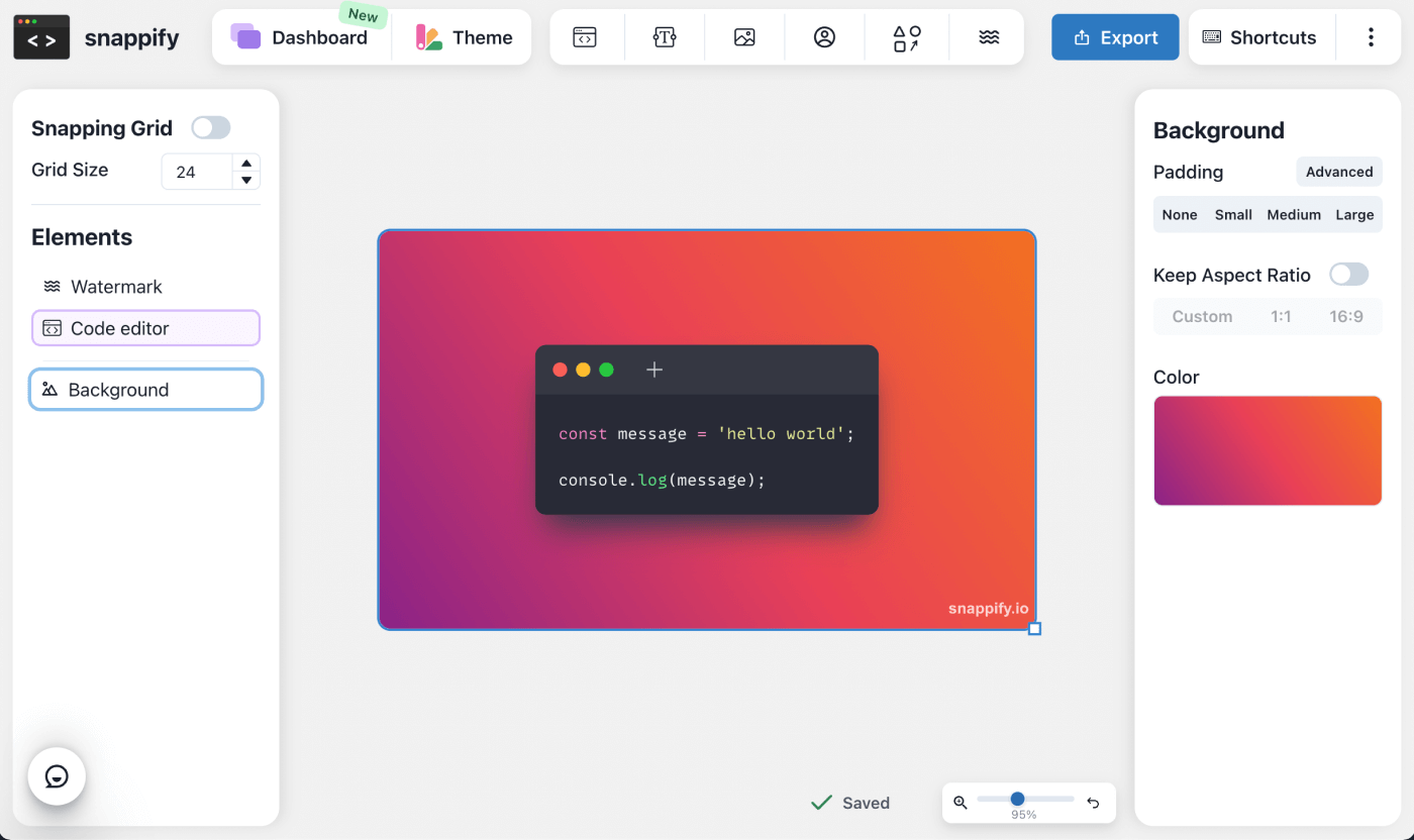 Typing code in snappify and changing the theme
