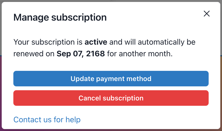 UI for managing the users subscription