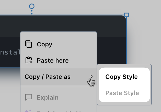 Sub context menu with Copy Style and Paste Style options