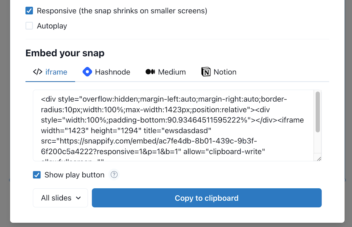 Screenshot of the embed modal for iframe