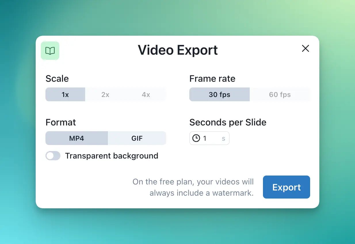 Screenshot of the Video Export modal.
