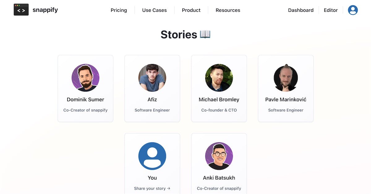 Screenshot of the user stories overview page